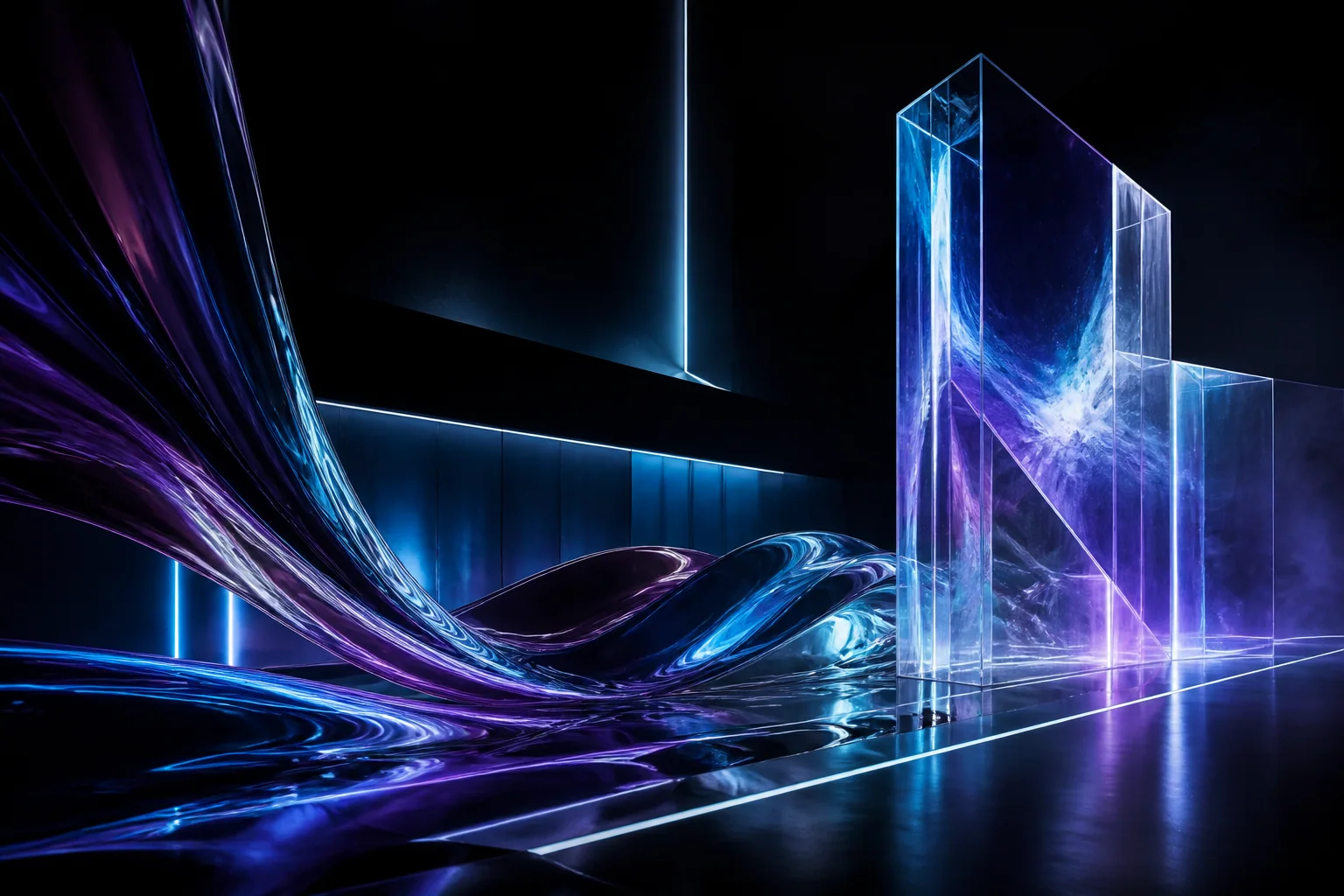 Abstrakte violett-blaue Boehler.ai Concept-Bildwelt aus Glas und fließenden Formen
